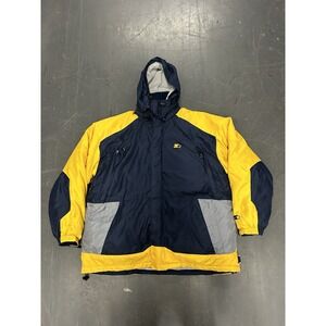 Starter Men's Down Hooded Ski Jacket Blue/Yellow Size XL Full Zip Heavy Puffer